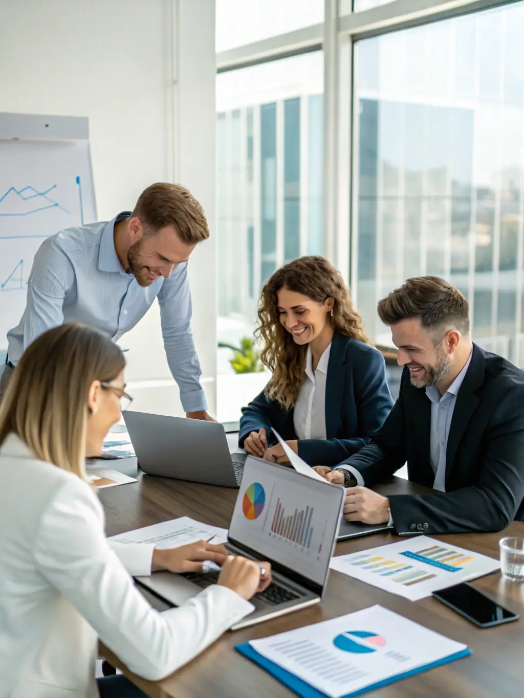 A diverse team collaborating in a modern office, brainstorming innovative financial strategies and solutions for clients.