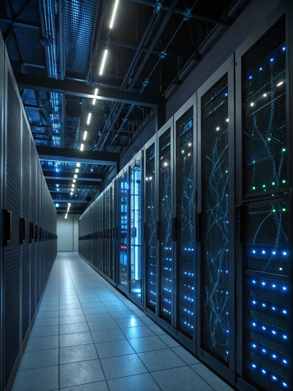 A secure server room with blinking lights and spinning hard drives, symbolizing secure data management and financial technology infrastructure.