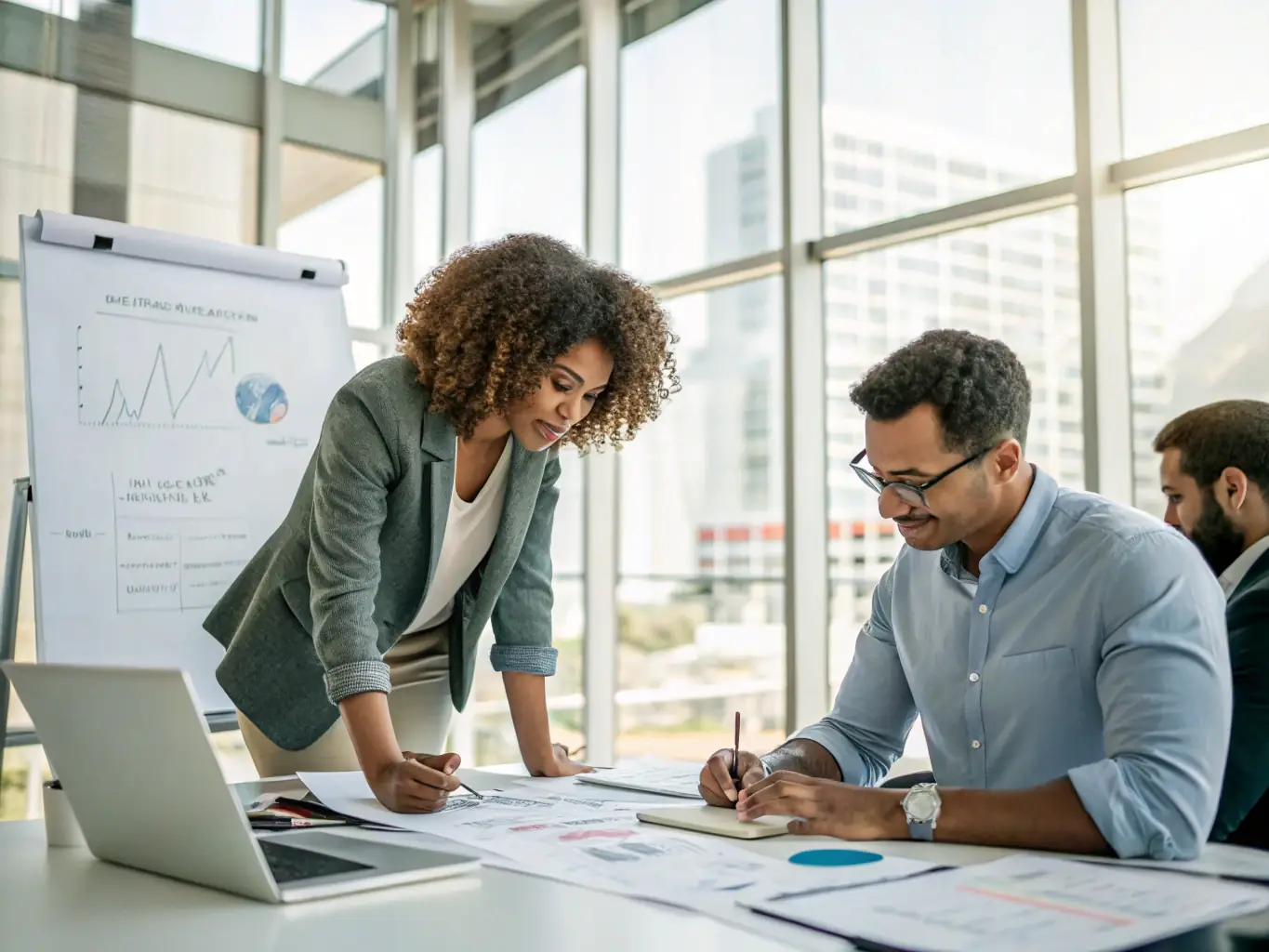 A diverse team of financial experts collaborating in a modern office, symbolizing Our-Story.Page's commitment to providing reliable and modern financial solutions.